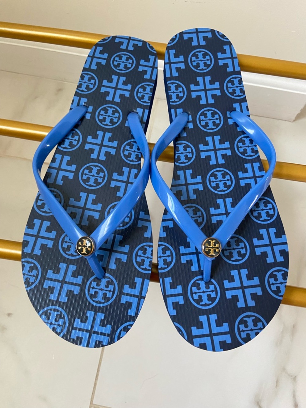Tory Burch Blue and Navy Logo Flip Flops
